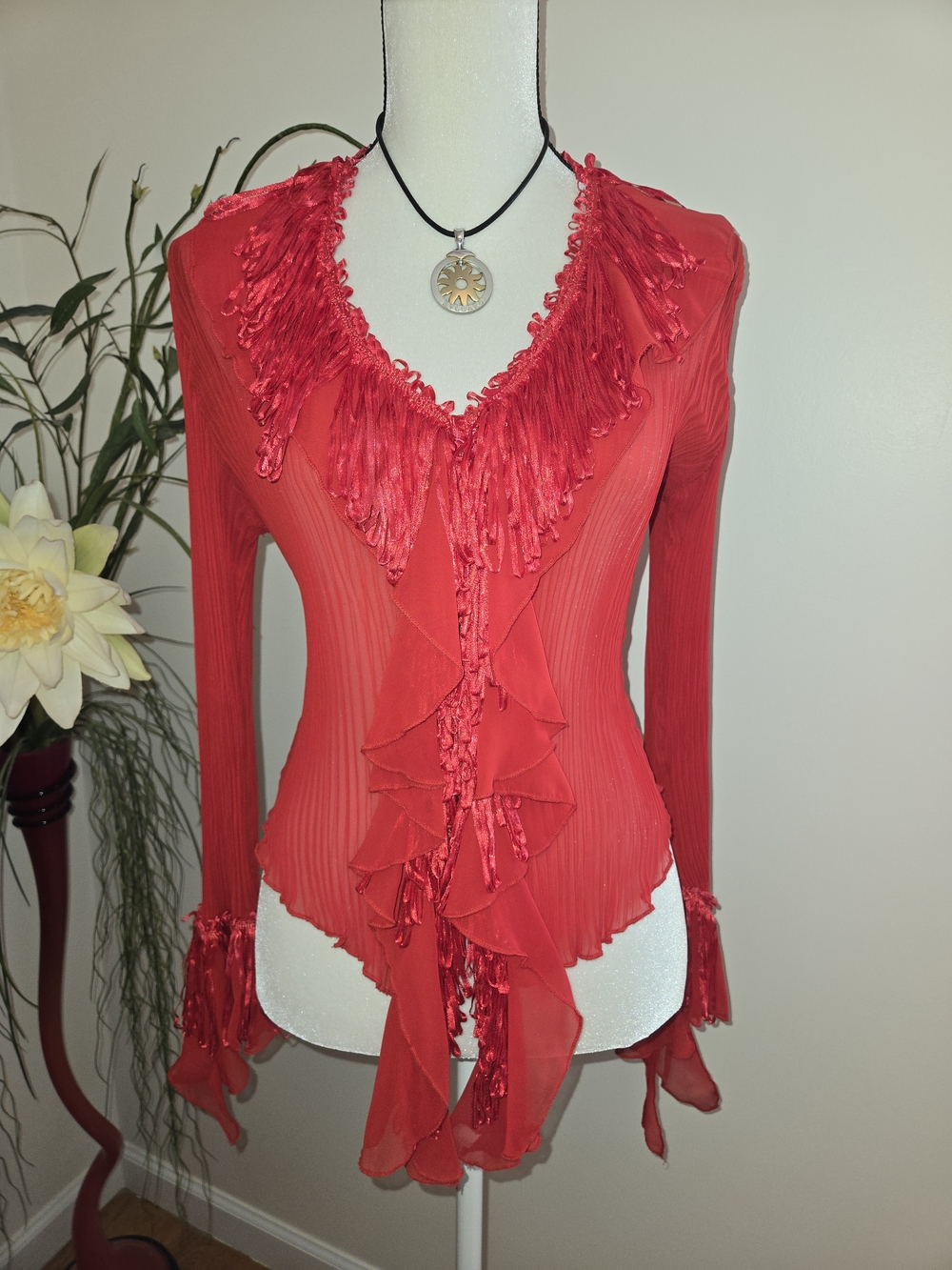 Red Ruffle-Trim V-Neck Blouse - Picture 2 of 11